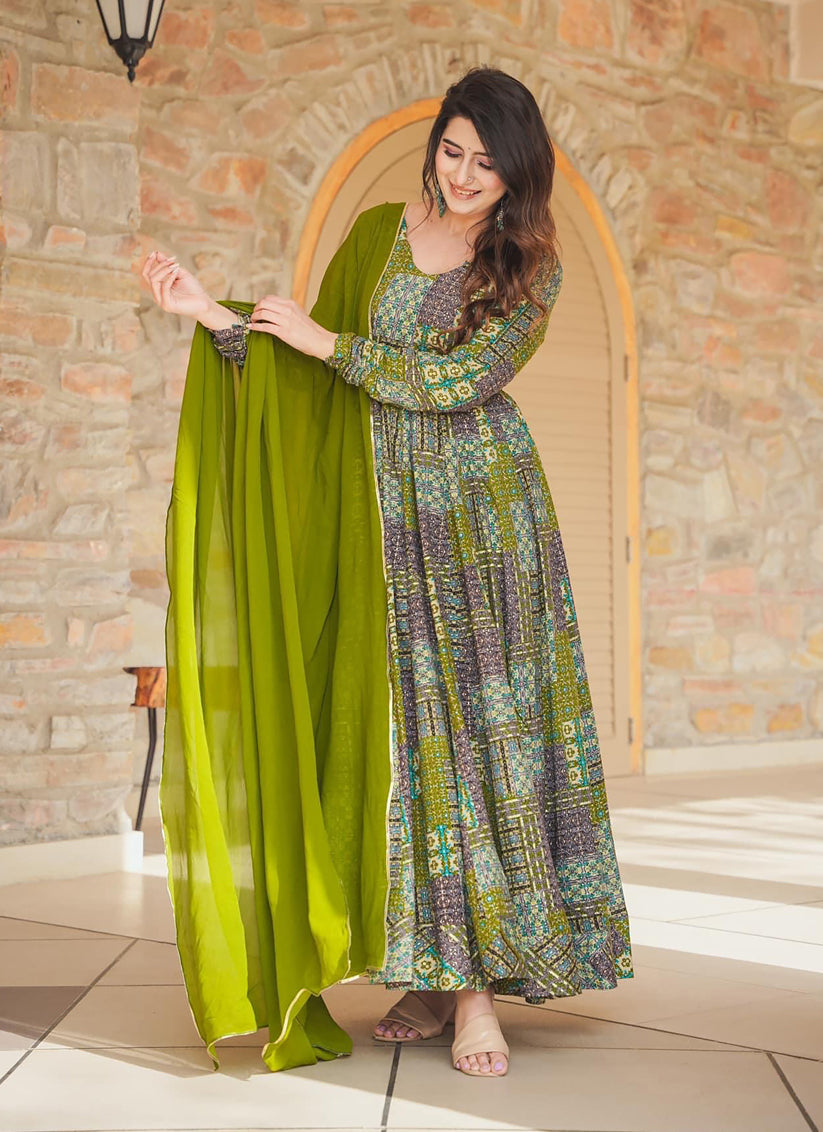 Olive Green Heavy Digital Printed Gown