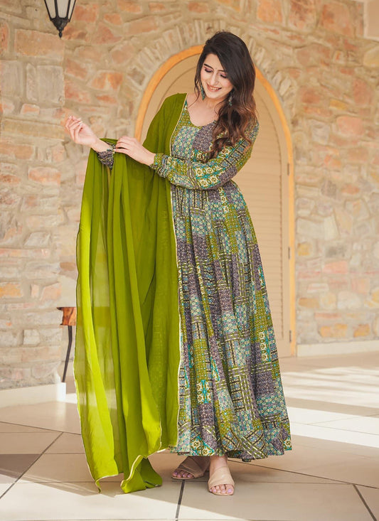 Olive Green Heavy Digital Printed Gown