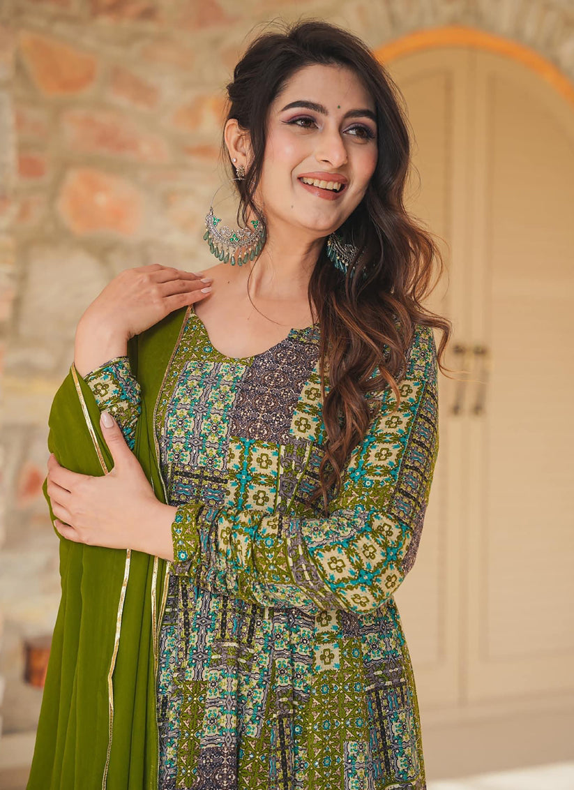 Olive Green Heavy Digital Printed Gown