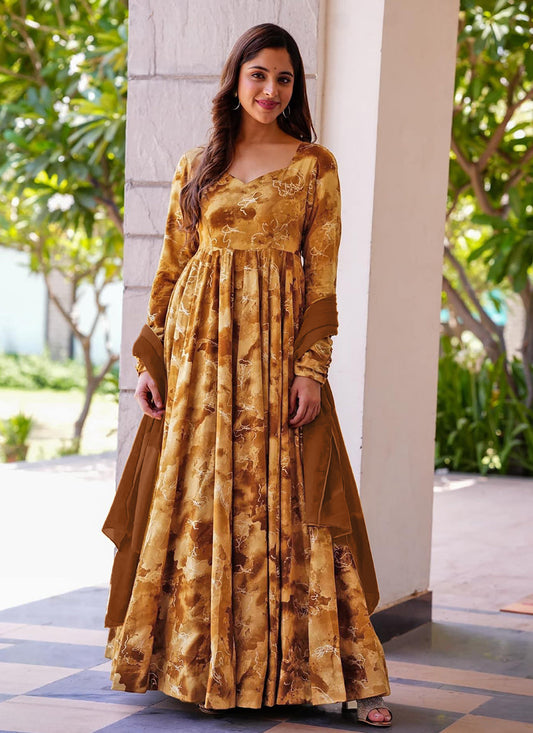 Mustard Yellow Heavy Digital Printed Gown
