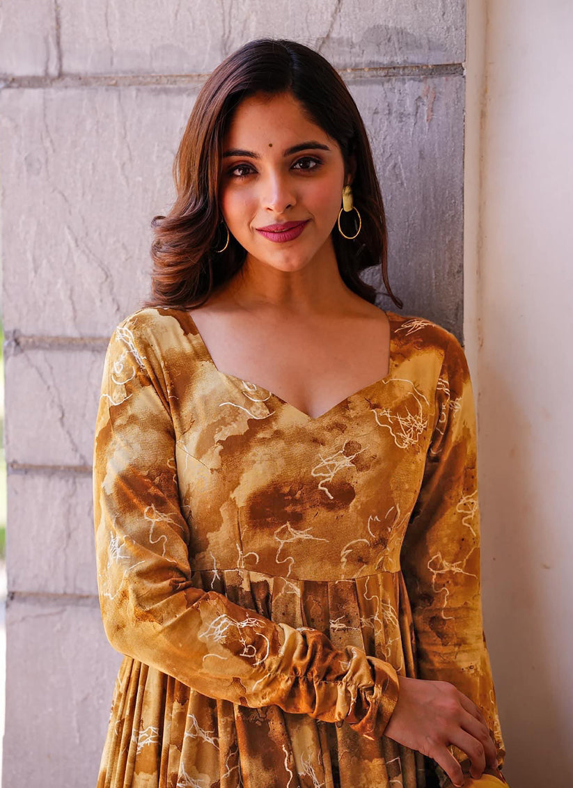 Mustard Yellow Heavy Digital Printed Gown