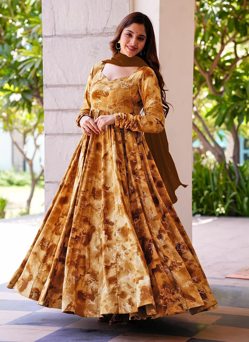 Mustard Yellow Heavy Digital Printed Gown