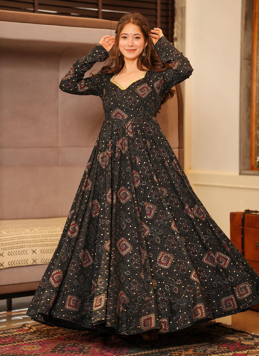 Black Heavy Digital Printed Gown