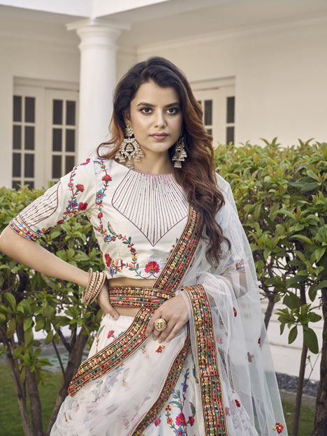 Stylish White Silk Embroidered Wedding Lehenga Choli