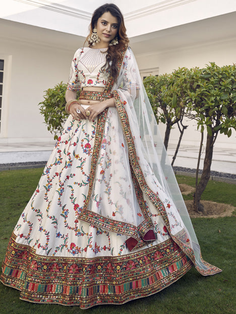 Stylish White Silk Embroidered Wedding Lehenga Choli