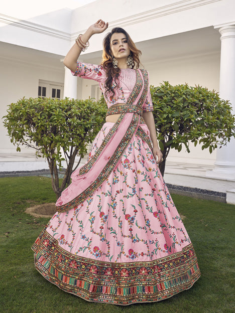Beautiful Rose Pink Silk Embroidered Wedding Lehenga Choli