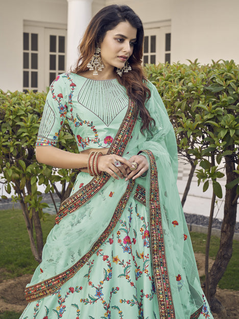 Voguish Aqua Mint Silk Embroidered Wedding Lehenga Choli