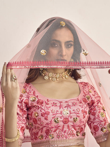 Striking Coral Pink Art Silk Embroidered Wedding Lehenga Choli