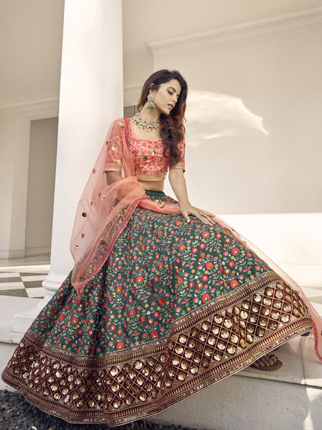 Flawless Pine Green Art Silk Embroidered Wedding Lehenga Choli