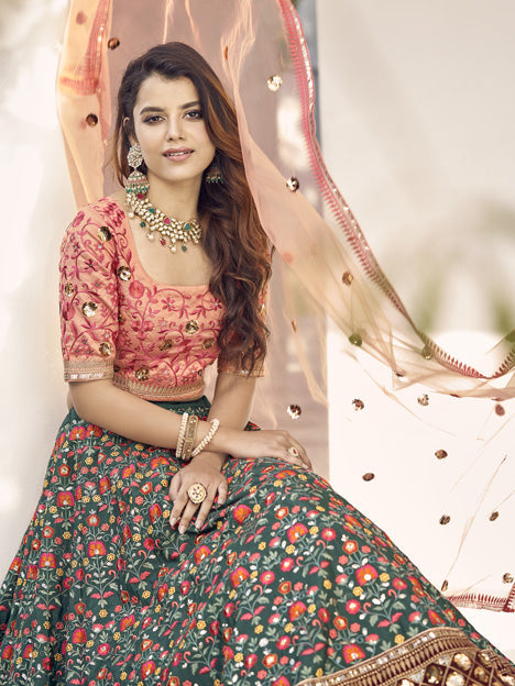 Flawless Pine Green Art Silk Embroidered Wedding Lehenga Choli