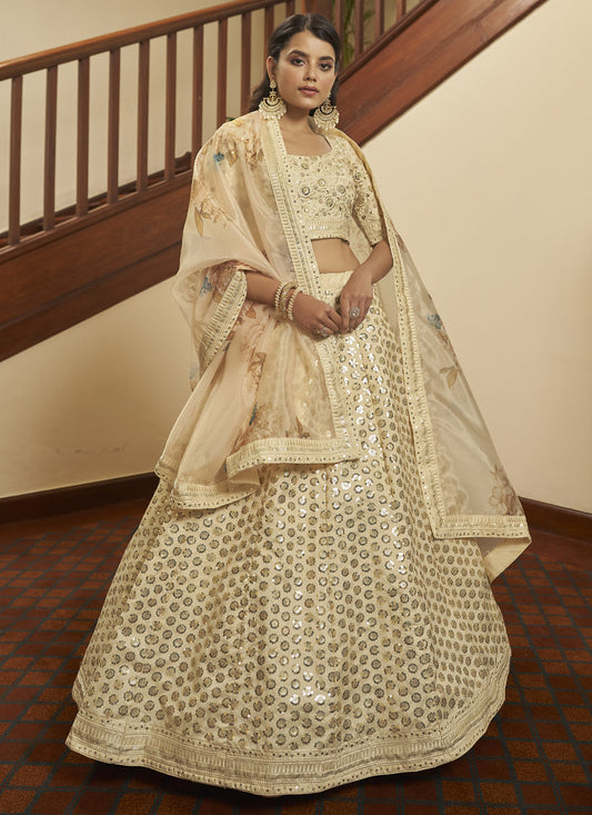 Charming Ivory Art Silk Sequins Wedding Lehenga Choli