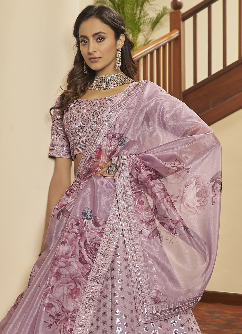 Trendsetting Lilac Pink Silk Sequins Wedding Lehenga Choli