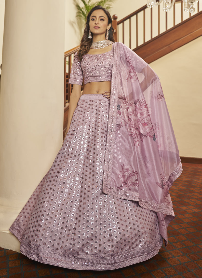 Trendsetting Lilac Pink Silk Sequins Wedding Lehenga Choli