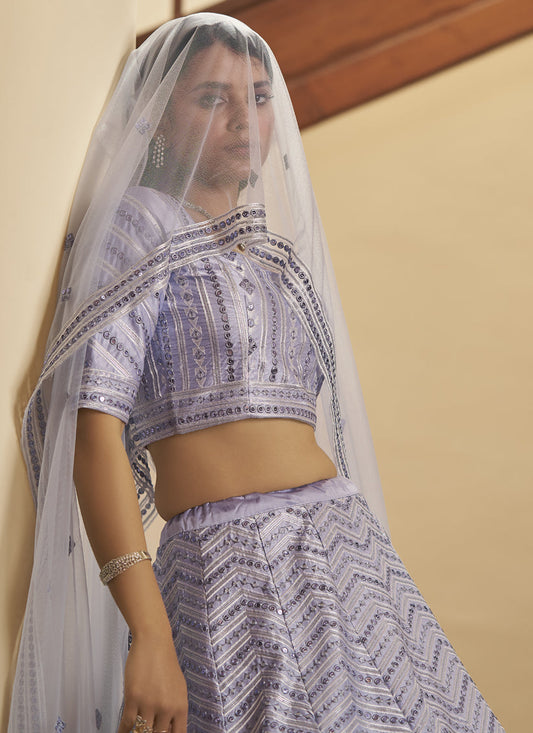 Fashionable Lavender Silk Sequins Wedding Lehenga Choli