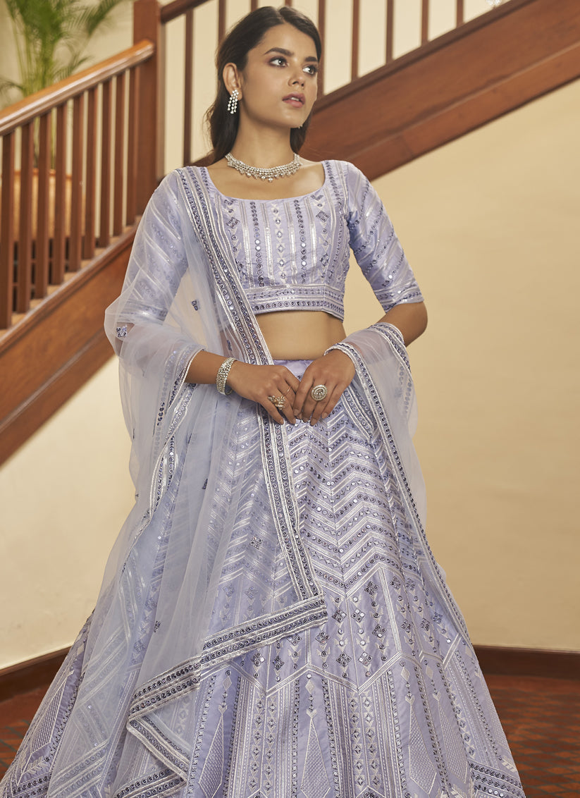 Fashionable Lavender Silk Sequins Wedding Lehenga Choli