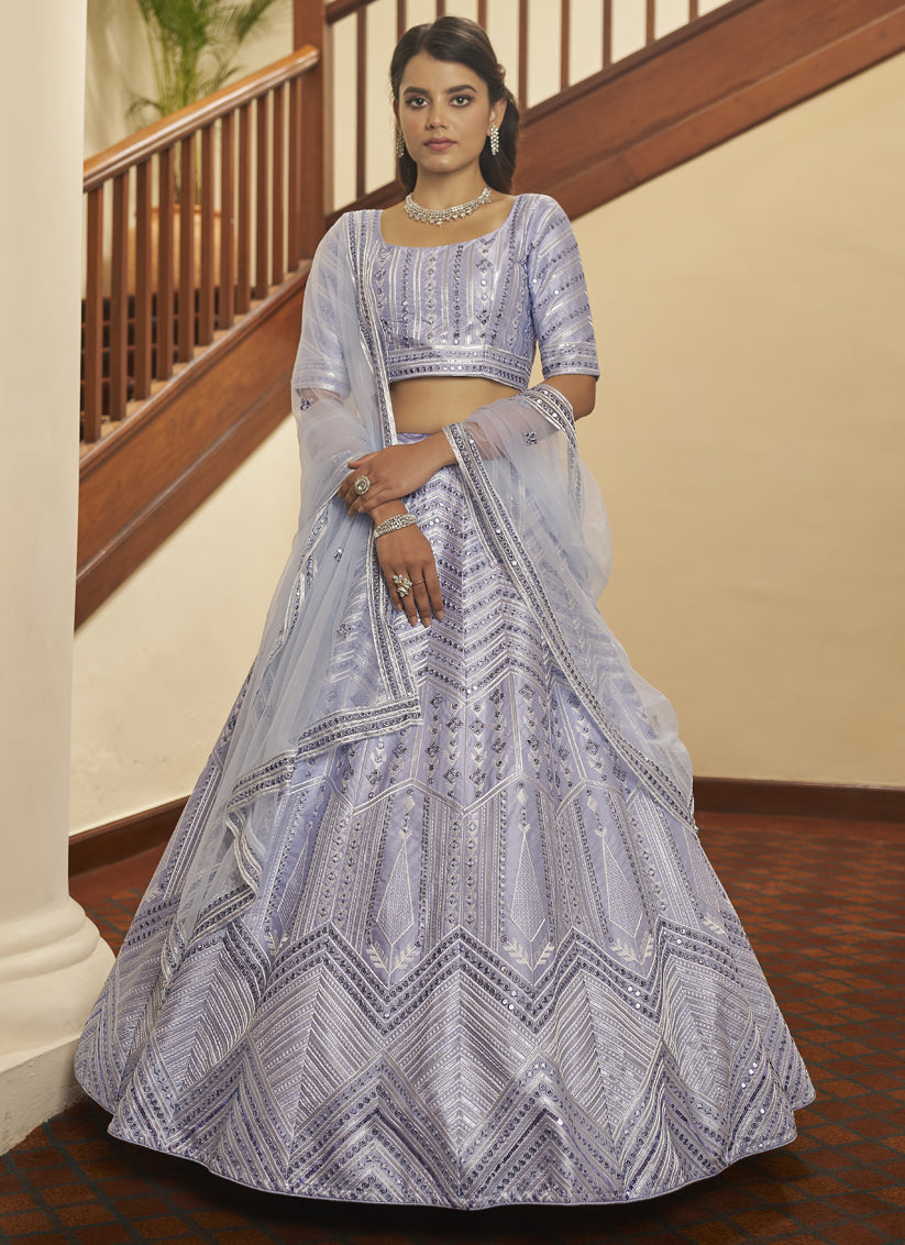 Fashionable Lavender Silk Sequins Wedding Lehenga Choli