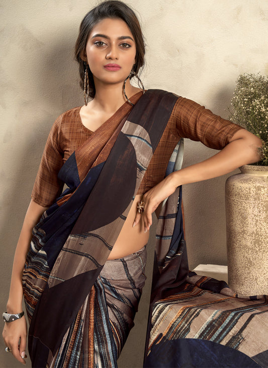 Coffee Brown Satin Silk Printed Saree