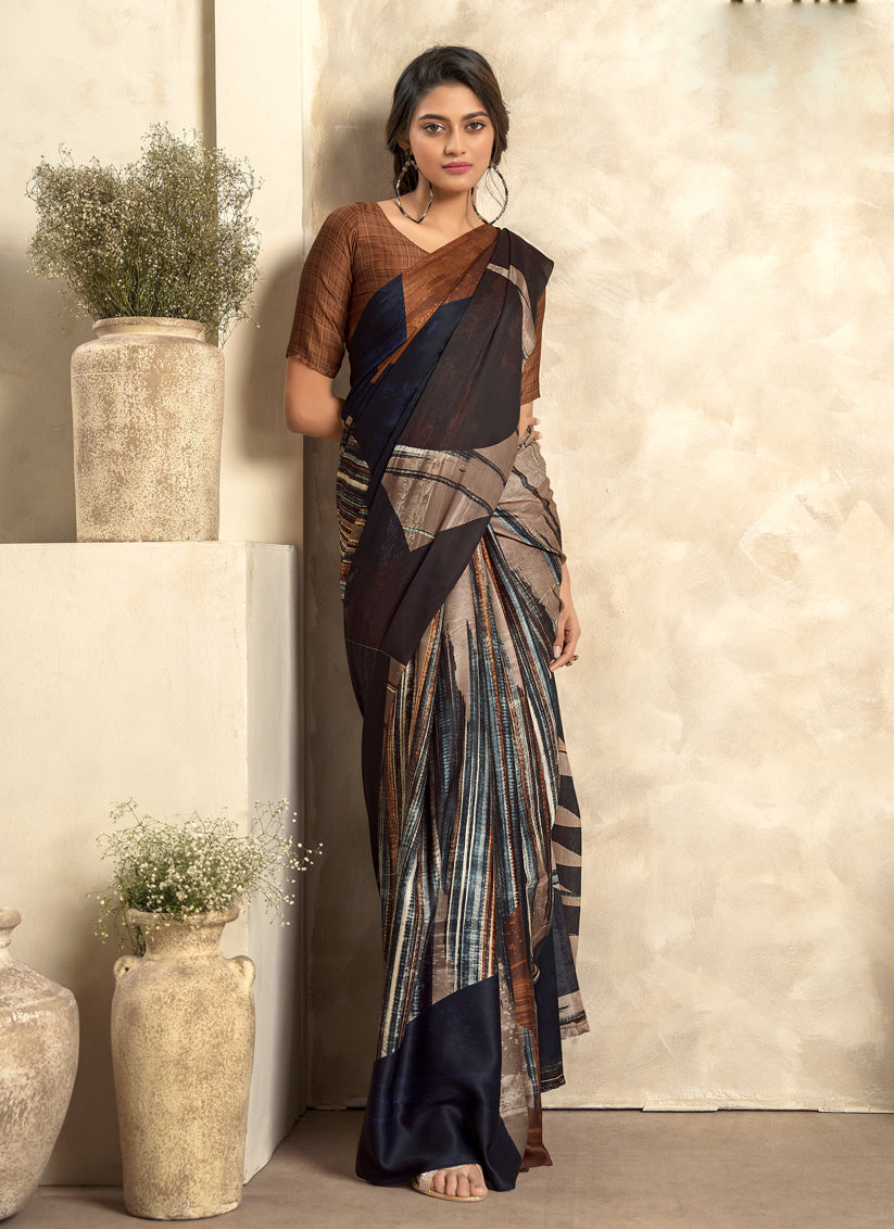 Coffee Brown Satin Silk Printed Saree