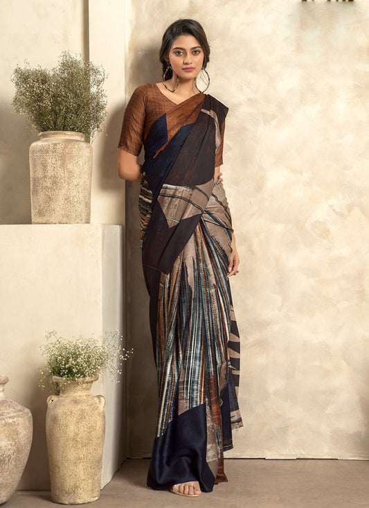 Coffee Brown Satin Silk Printed Saree