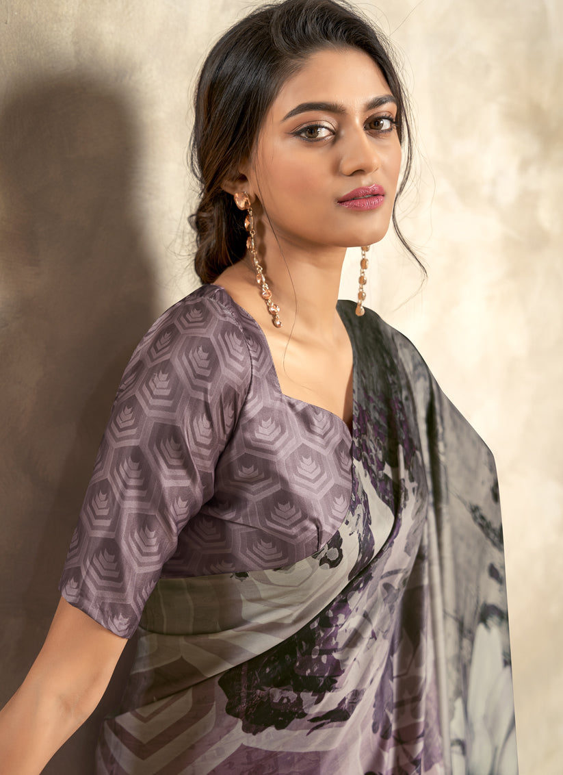 Purple Satin Silk Printed Saree