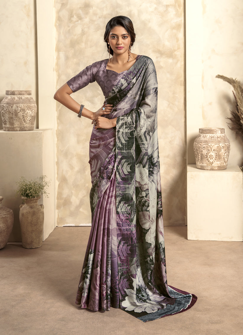Purple Satin Silk Printed Saree