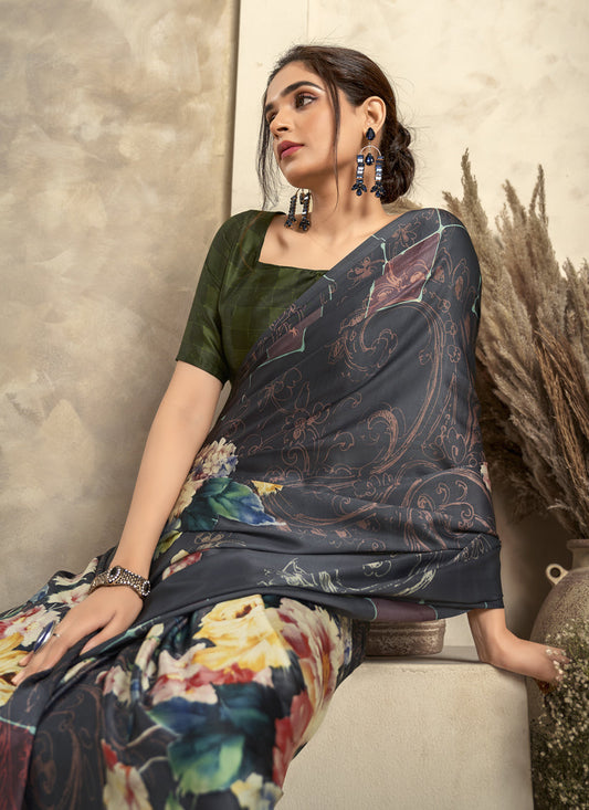 Black Satin Silk Printed Saree