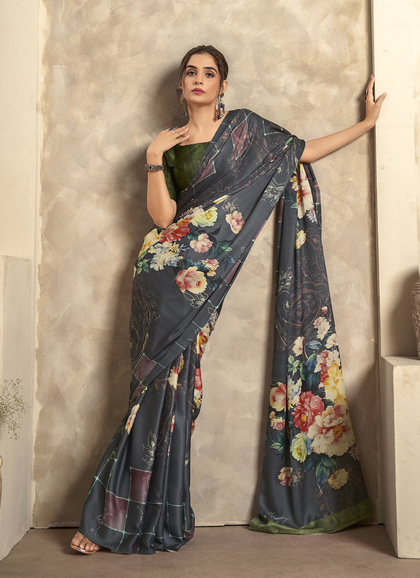 Black Satin Silk Printed Saree