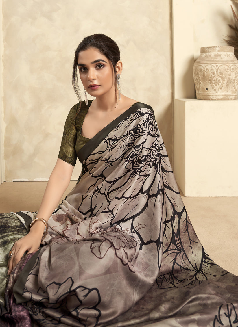 Beige Satin Silk Printed Saree