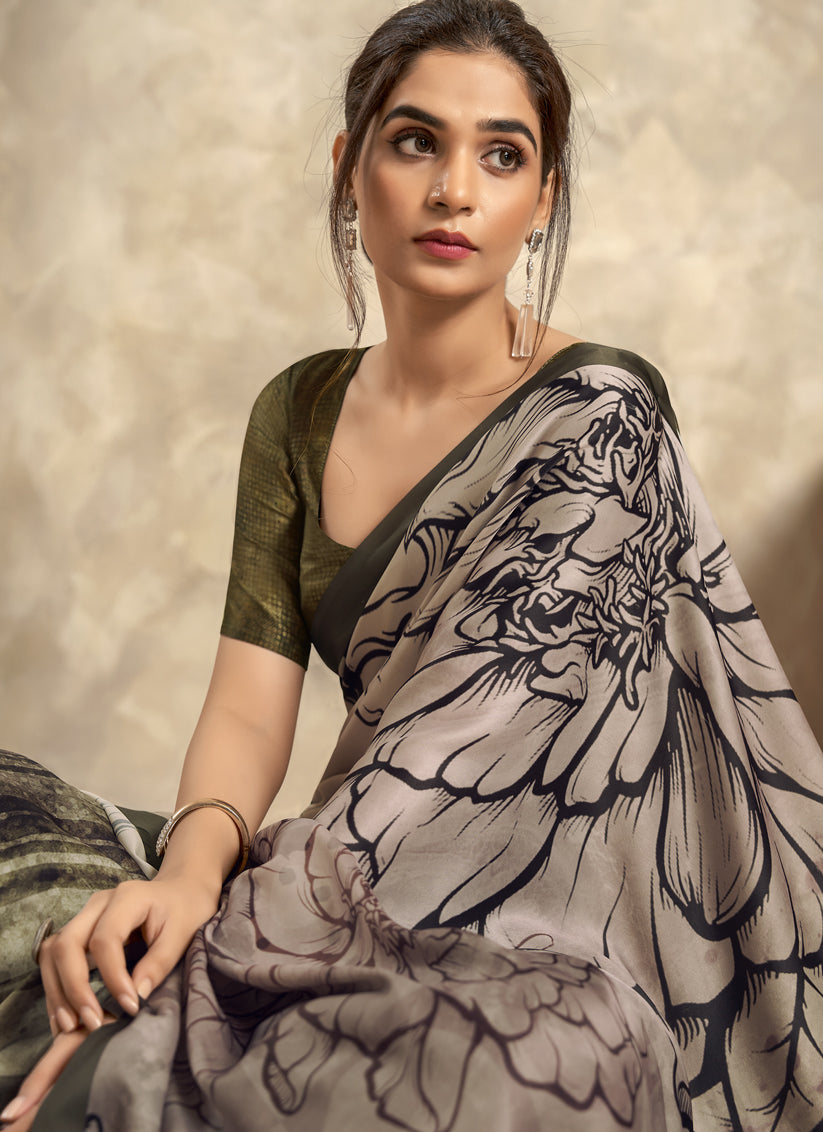 Beige Satin Silk Printed Saree