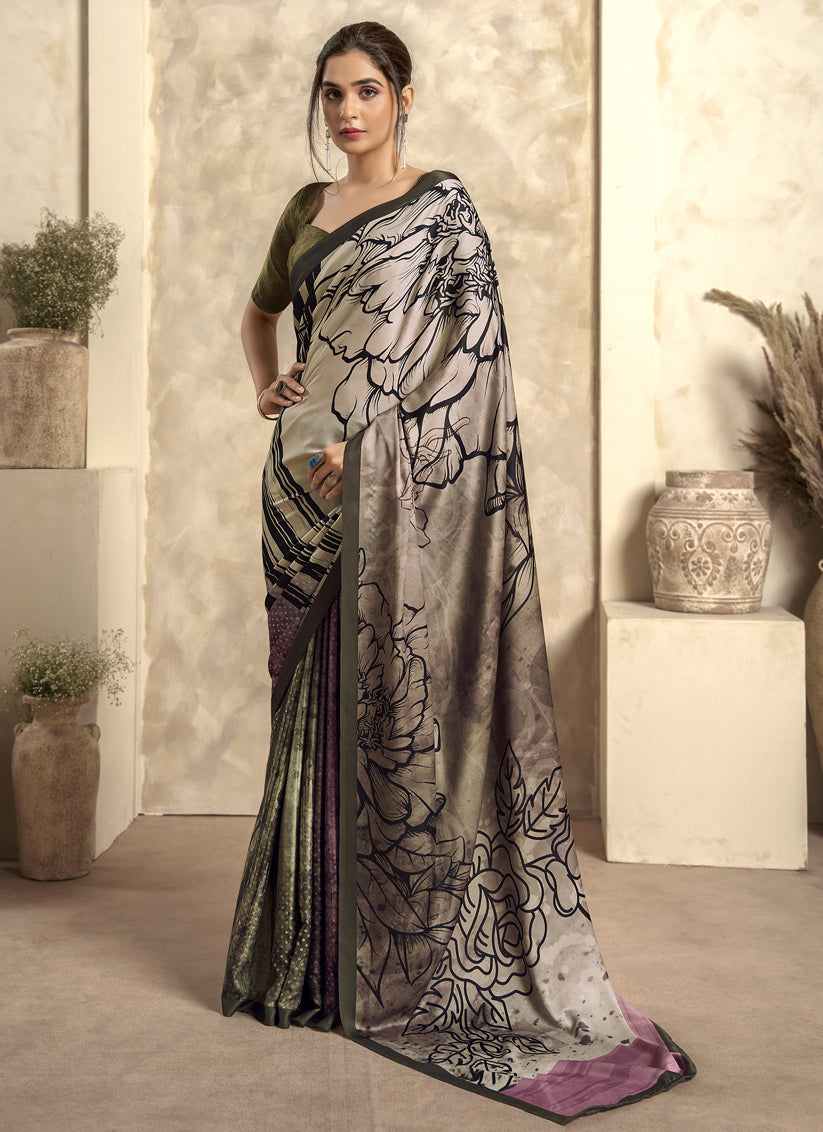 Beige Satin Silk Printed Saree