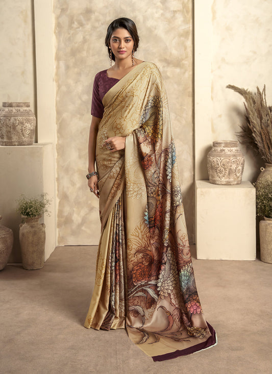 Cream Satin Silk Printed Saree
