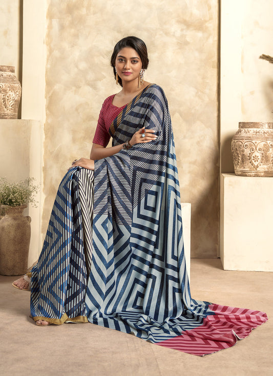 Navy Blue Satin Silk Printed Saree