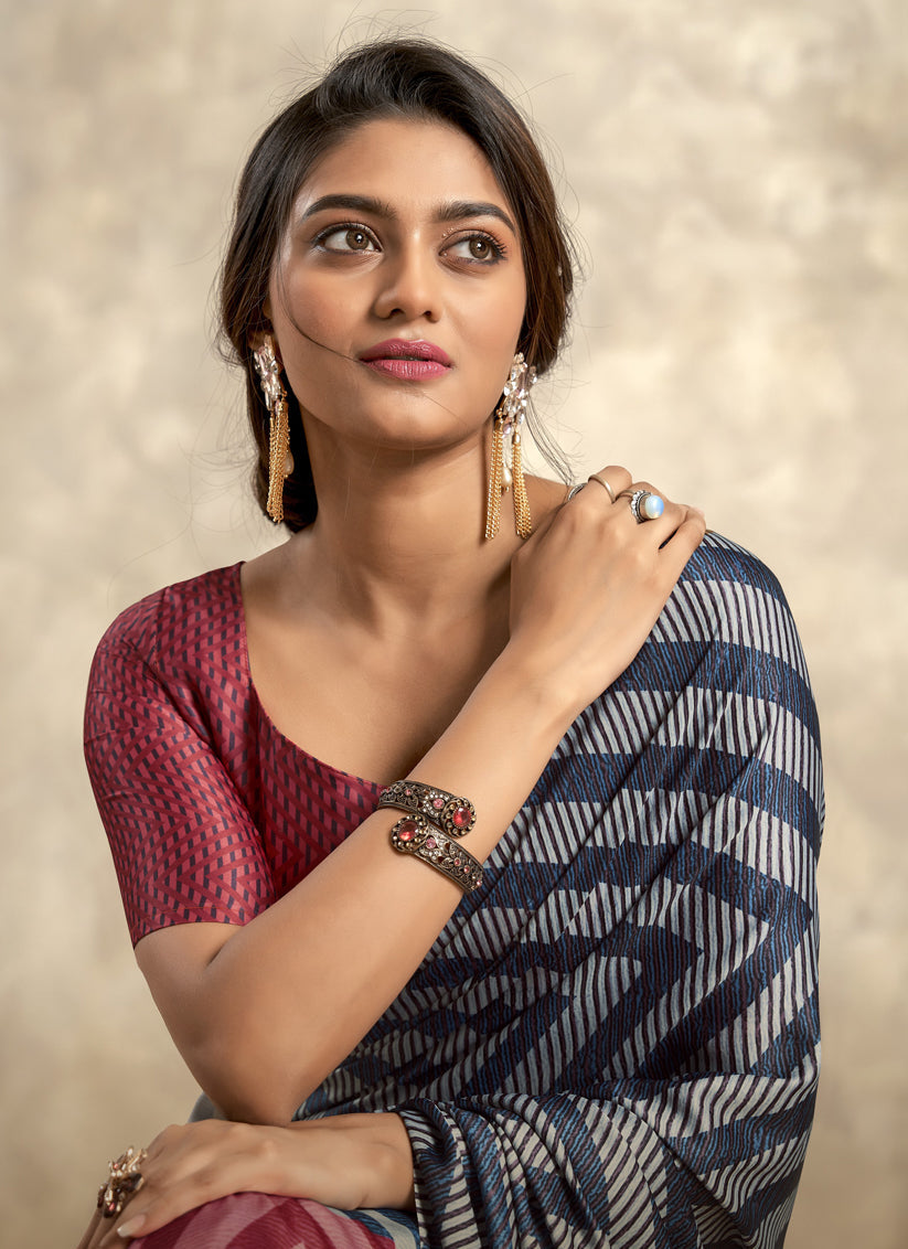 Navy Blue Satin Silk Printed Saree