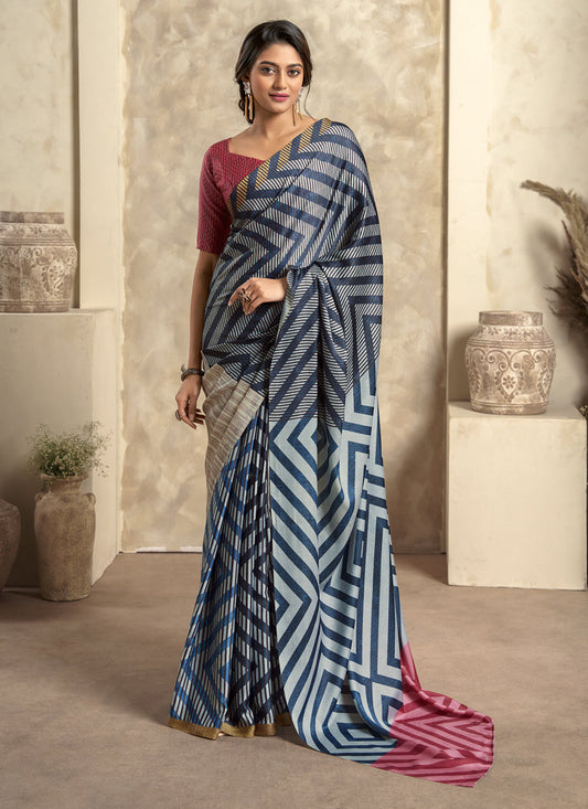 Navy Blue Satin Silk Printed Saree