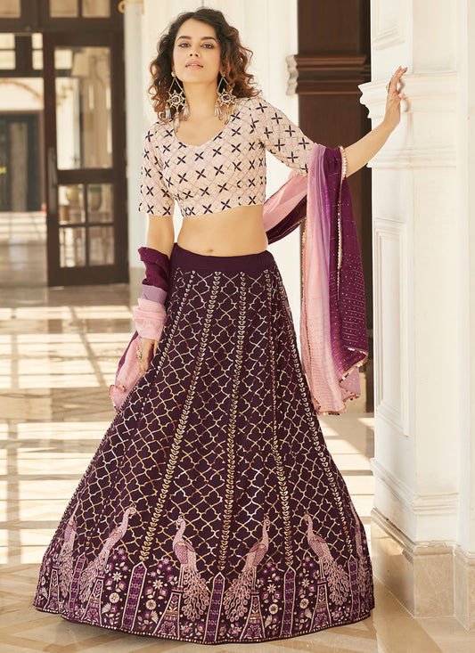 Fashionable Burgundy Georgette Embroidered Designer Lehenga Choli