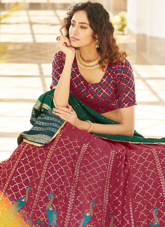 Vibrant Wine Georgette Embroidered Designer Lehenga Choli