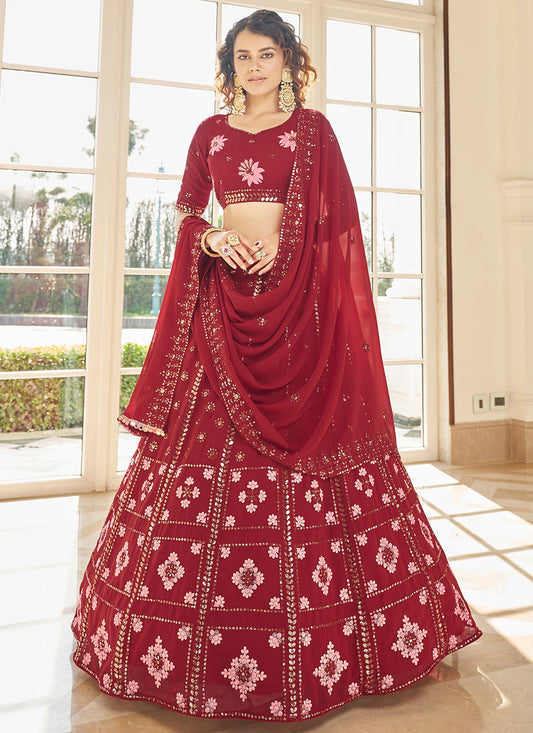 Graceful Berry Red Georgette Embroidered Designer Lehenga Choli