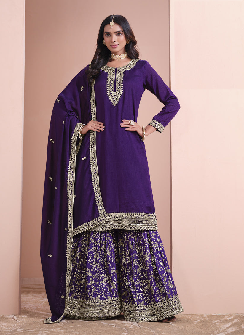 violet art silk embroidered palazzo kameez