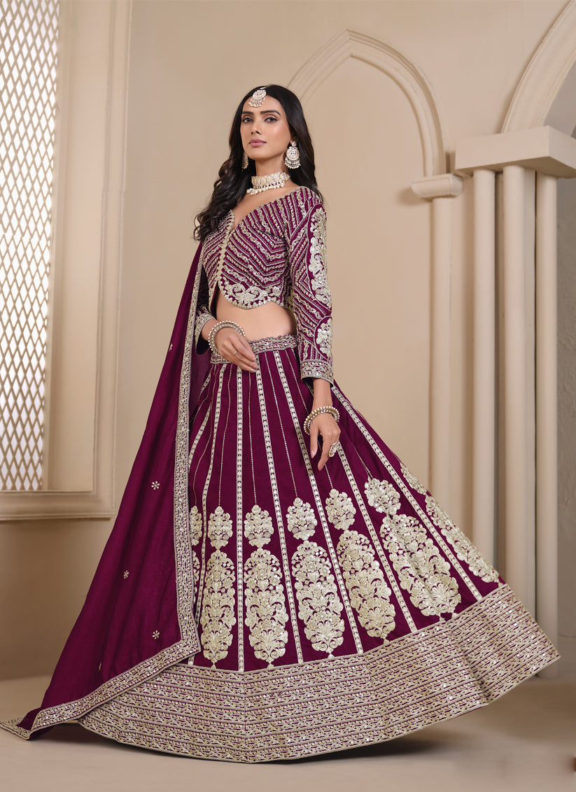 wine shimmer art silk embroidered lehenga choli