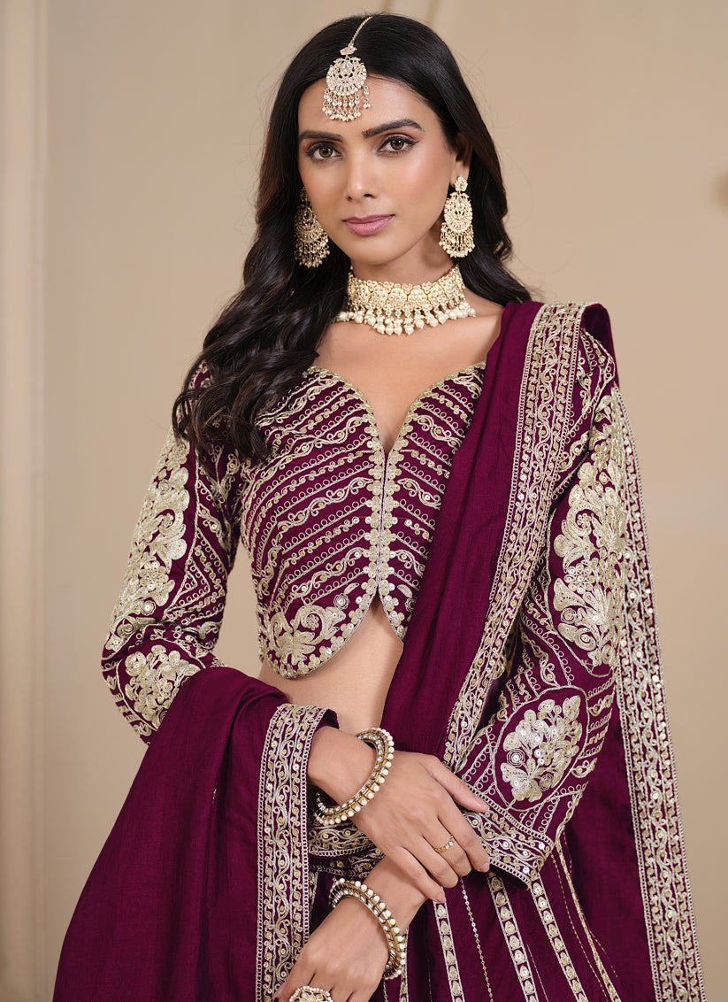 wine shimmer art silk embroidered lehenga choli