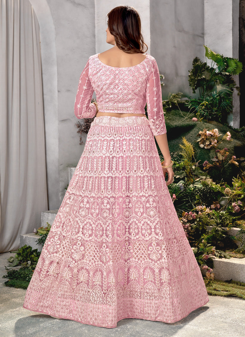 Rose Pink Net Embroidered Lehenga Choli Set