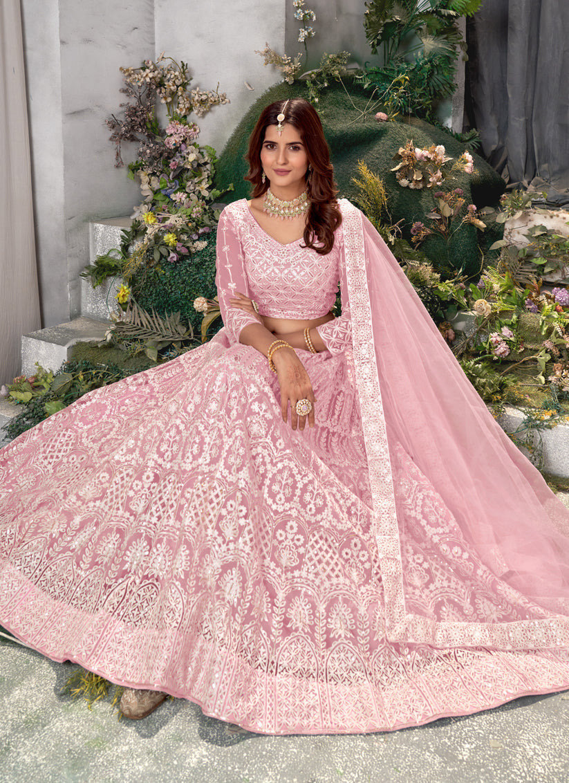 Rose Pink Net Embroidered Lehenga Choli Set