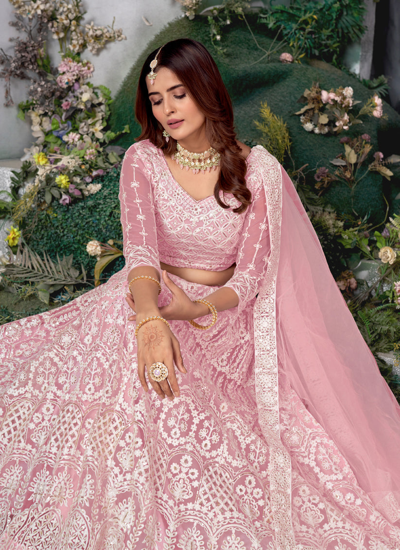 Rose Pink Net Embroidered Lehenga Choli Set