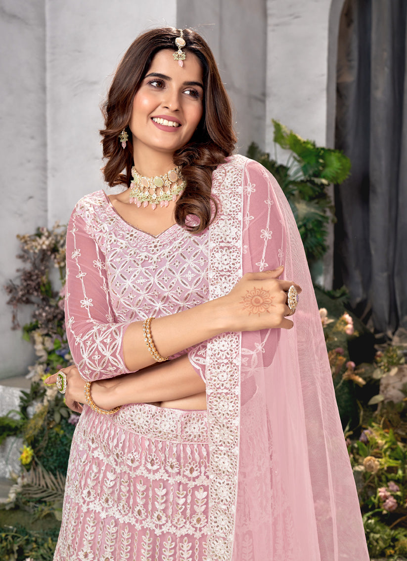 Rose Pink Net Embroidered Lehenga Choli Set