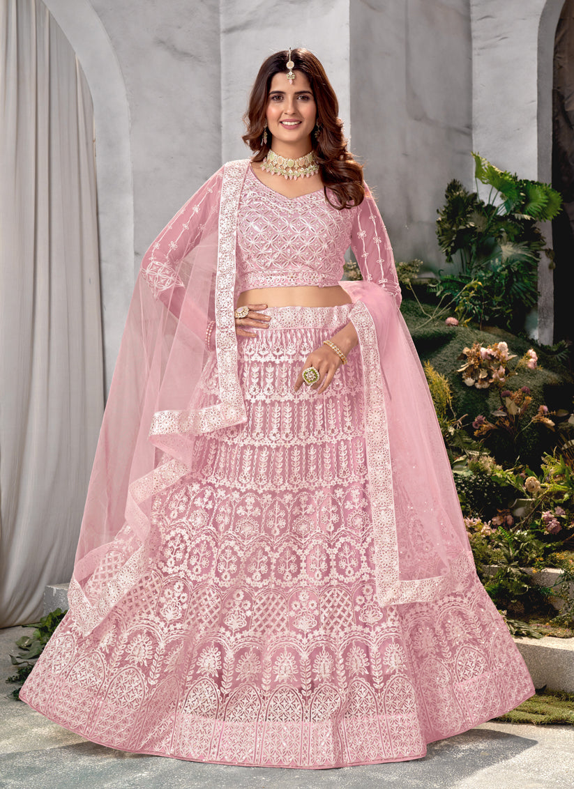 Rose Pink Net Embroidered Lehenga Choli Set