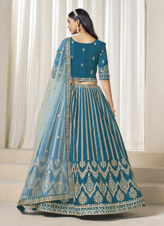 Marvelous Peacock Blue Art Silk Embroidered Wedding Lehenga Choli Set