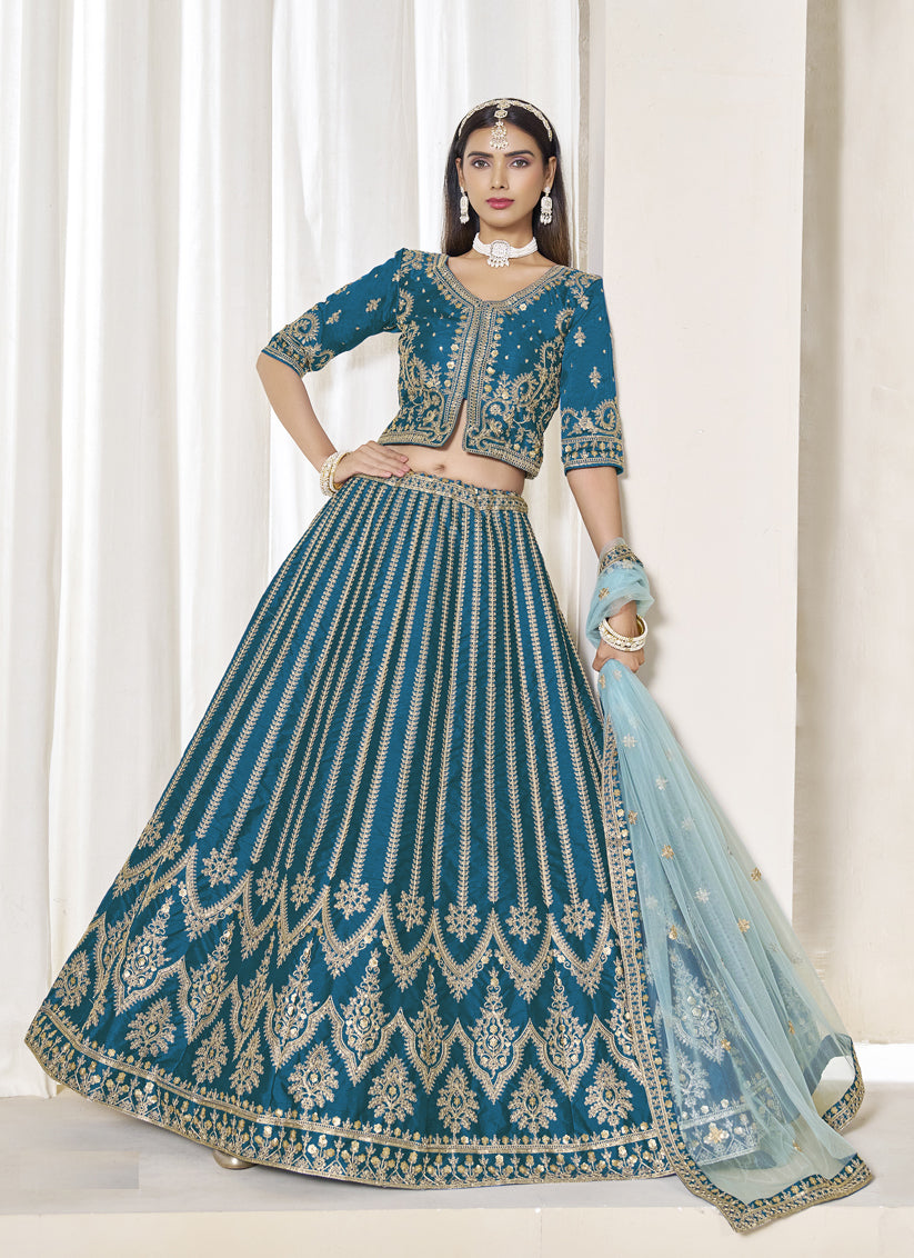Marvelous Peacock Blue Art Silk Embroidered Wedding Lehenga Choli Set