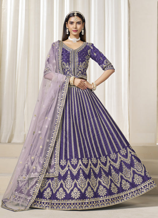Stunning Violet Art Silk Embroidered Wedding Lehenga Choli Set