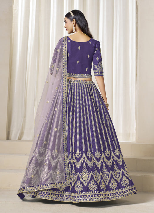 Stunning Violet Art Silk Embroidered Wedding Lehenga Choli Set