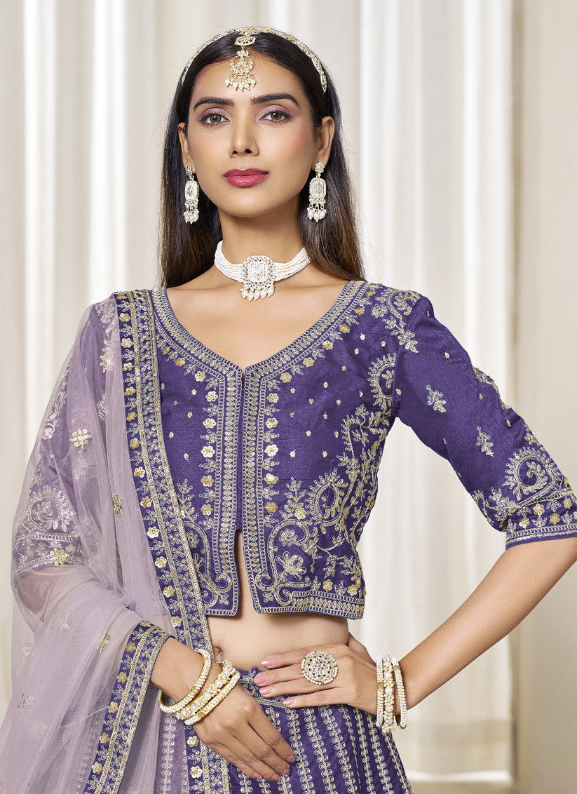Stunning Violet Art Silk Embroidered Wedding Lehenga Choli Set